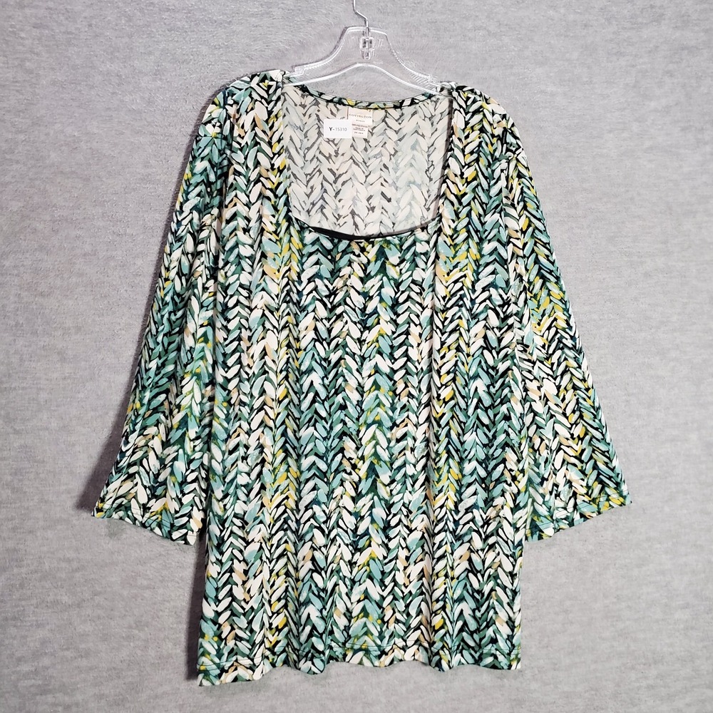 Covington Women Top 24-26w Green Feathers Tunic Long Sleeve Square Neck‎
